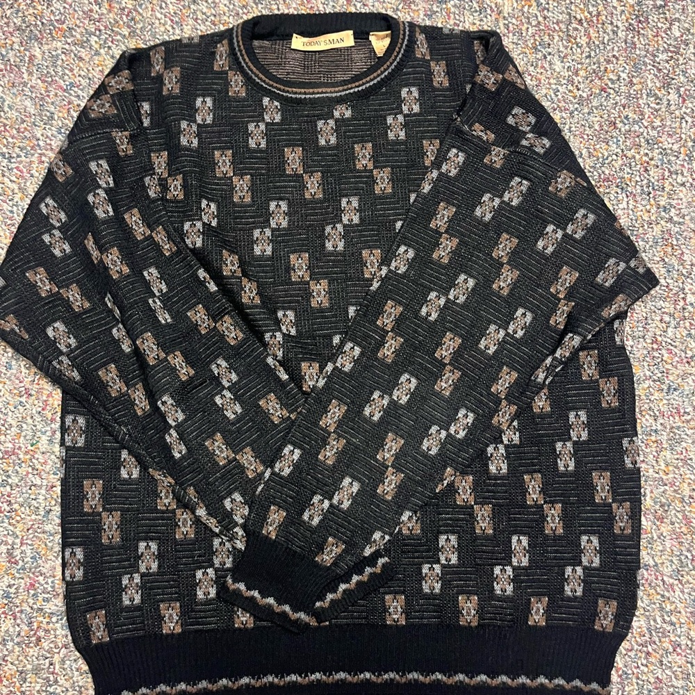 Vintage Today’s Man Geometric Knit Sweater Black Brown Gray 90s Retro
